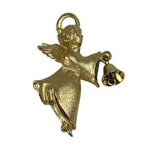 Signed RR ROBYN RUSH Goldtone Angel Pin/Brooch Holding Dangle Bell Textured